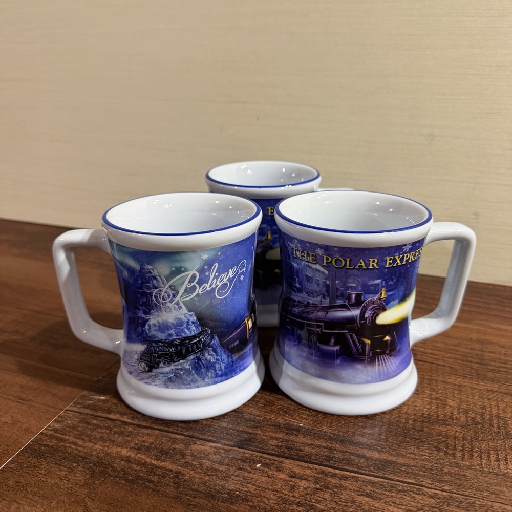 Set of 3 The Polar Express 3D Train "Believe" Coffee Mugs Cups Warner Bros MINT